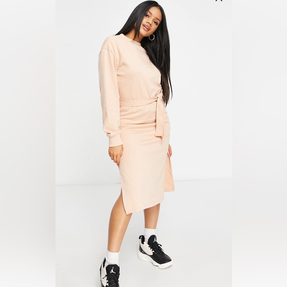 Missguided basic midi sweater dress with tie belt in sand